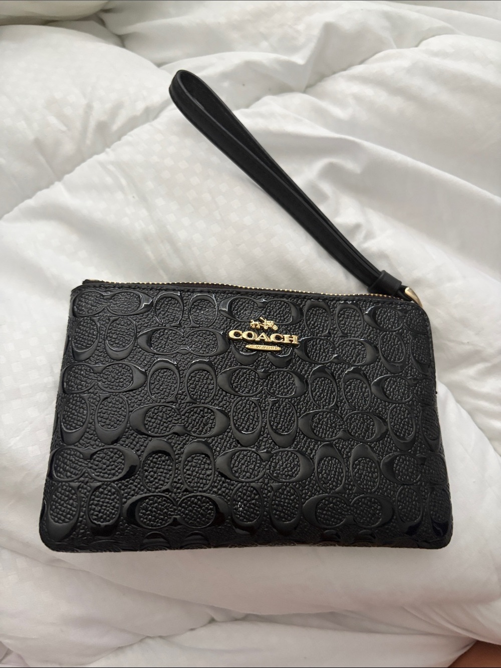 Coach Black Embossed Signature Leather Wristlet with Gold Logo